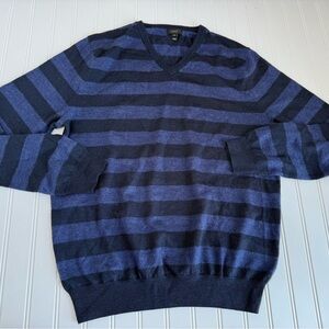 J.Crew Men’s 100% Merino Wool V-Neck Sweater Pullover Medium Striped 843